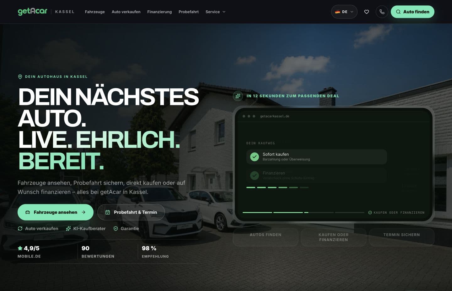 Echte Desktop-Startseite von GetACar Kassel, aufgenommen am 7. September 2026