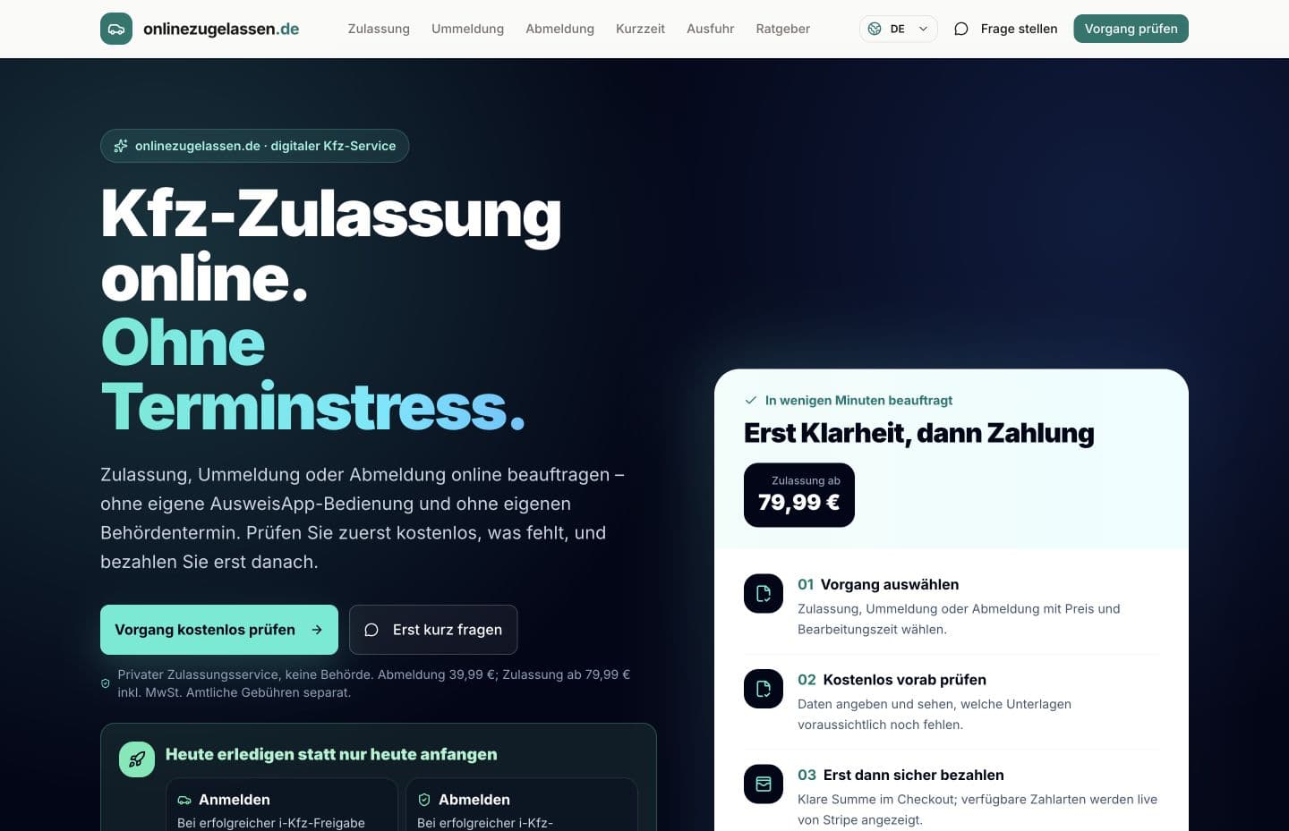 Echte Desktop-Startseite von Onlinezugelassen, aufgenommen am 7. September 2026