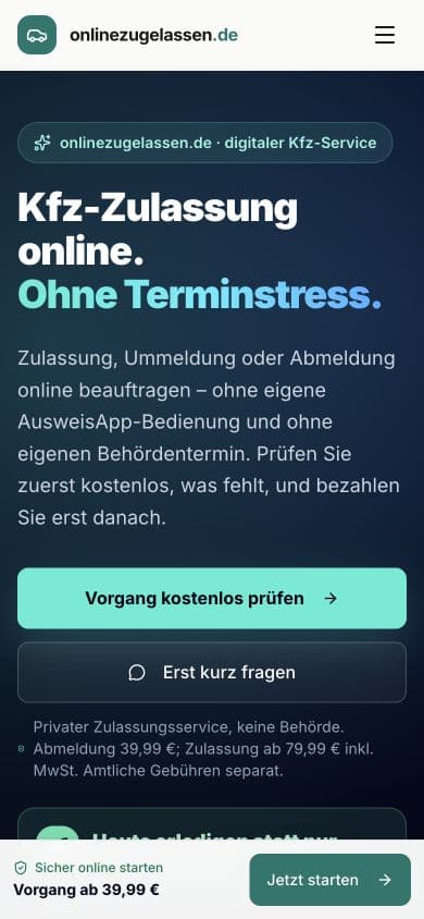 Echte Mobilansicht von Onlinezugelassen, aufgenommen bei 390 Pixel Breite